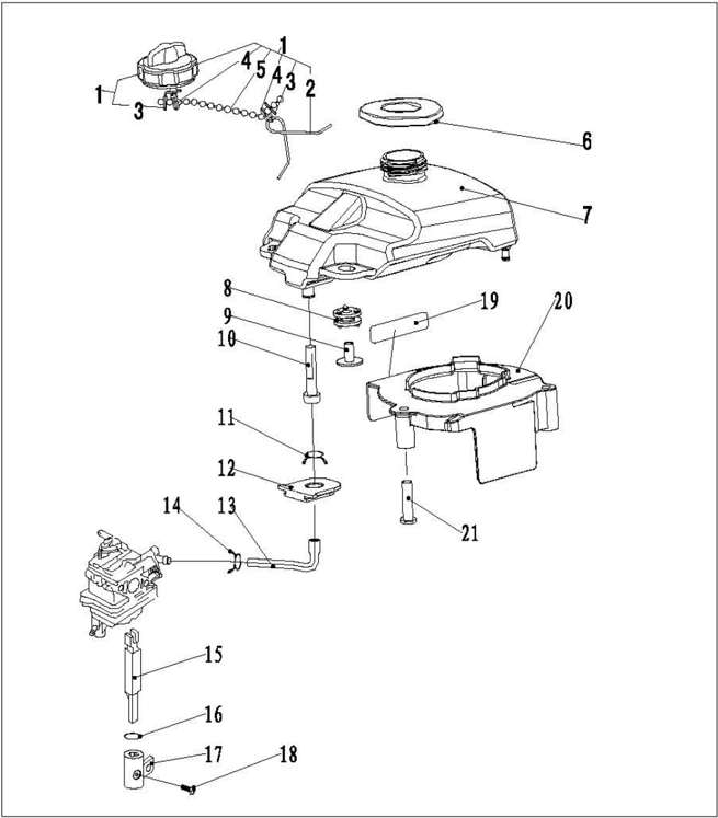 Fuel system explosive drawing with fuel tank and lines