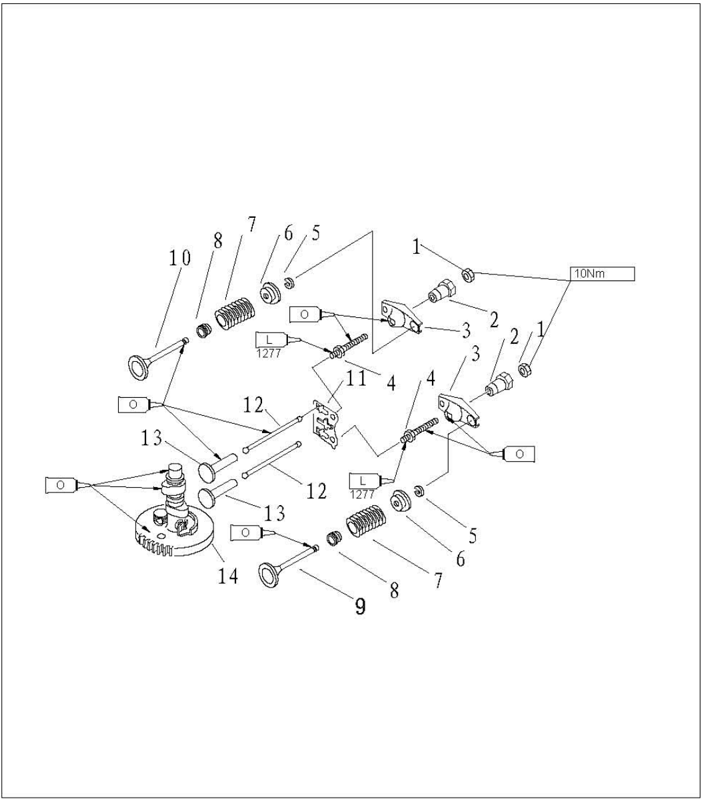 Rocker arm valve and camshaft assembly drawing